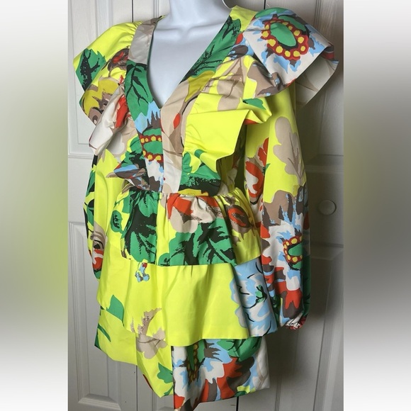 CHRISTOPHER JOHN ROGERS Dress Ruffle Tiered Yellow Mini Target Floral V Neck 4 - Picture 5 of 14